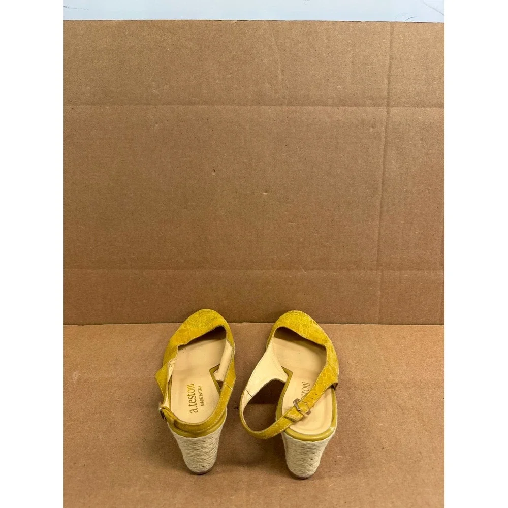 A.Testoni Embroidered Suede Leather Slingback Espadrille Wedge Yellow Size 37 EU